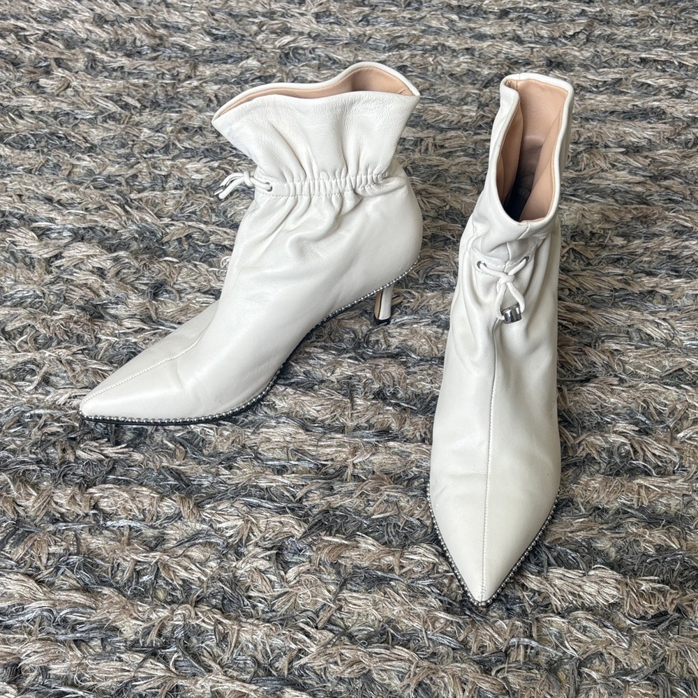 Coach Cream Ruched Pointed-Toe Ankle Booties, Size 6, Silver Hardware